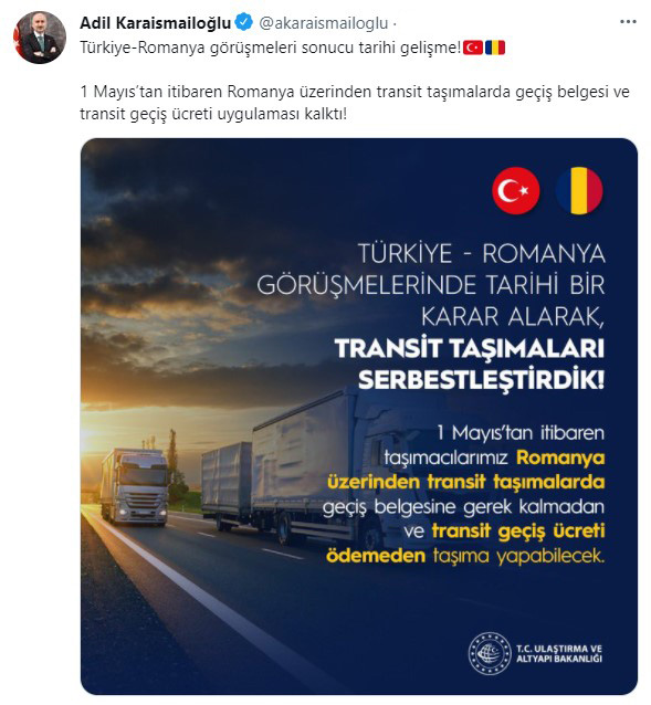 Bakan Karaismailoğlu, Twitter hesabından yaptığı paylaşımda, Türkiye-Romanya görüşmeleri sonucu tarihi bir karar alarak transit taşımaları serbestleştirdiklerini duyurdu.