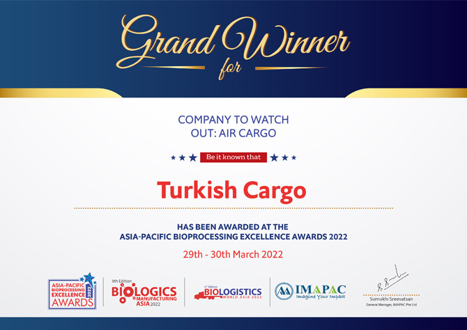 Turkish Cargo Asya-Pasifik Biyoişlem Mükemmellik Ödülüne Layık Görüldü